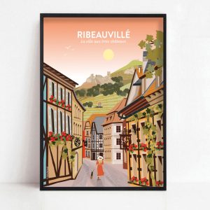 Affiche d&rsquo;Alsace, la ville aux 3 châteaux à Ribeauvillé centre-ville