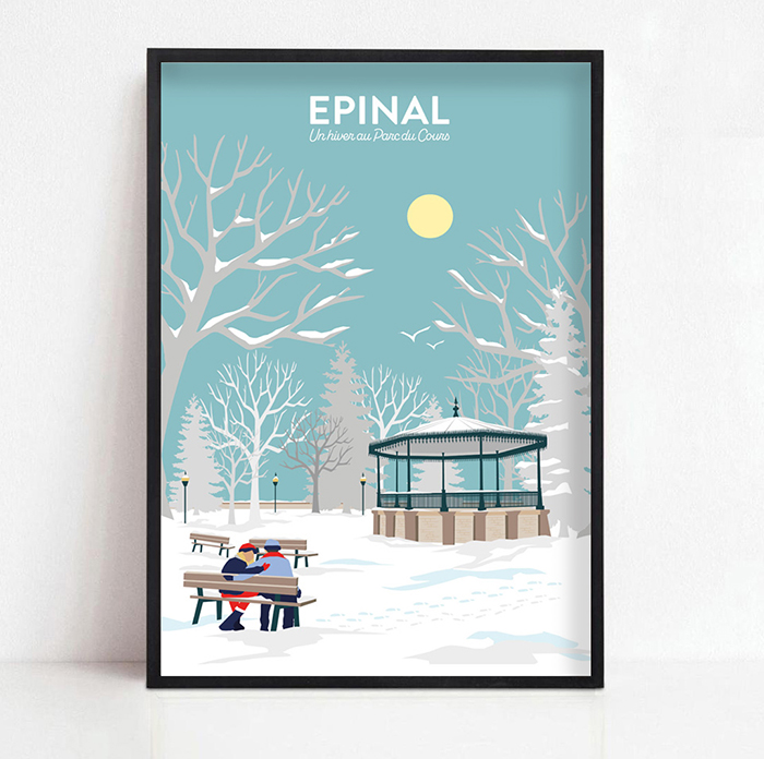 Affiche d'Épinal, le kiosque au parc du cours en hiver GraphEast
