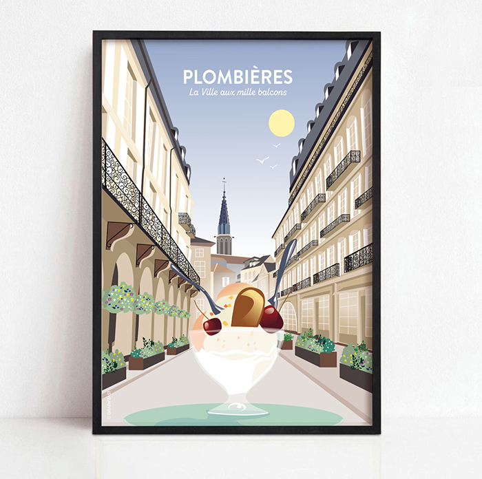 Affiche de Plombières-les-Bains, place du bain romains au centre-ville GraphEast