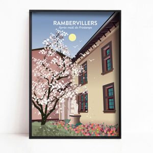 Affiche de Rambervillers, Magnolia en fleur et la statue devant l&rsquo;hôtel de ville