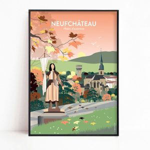 Affiche de Neufchateau, Place jeanne d&rsquo;arc et ville en automne, avec l&rsquo;église Saint-Nicolas