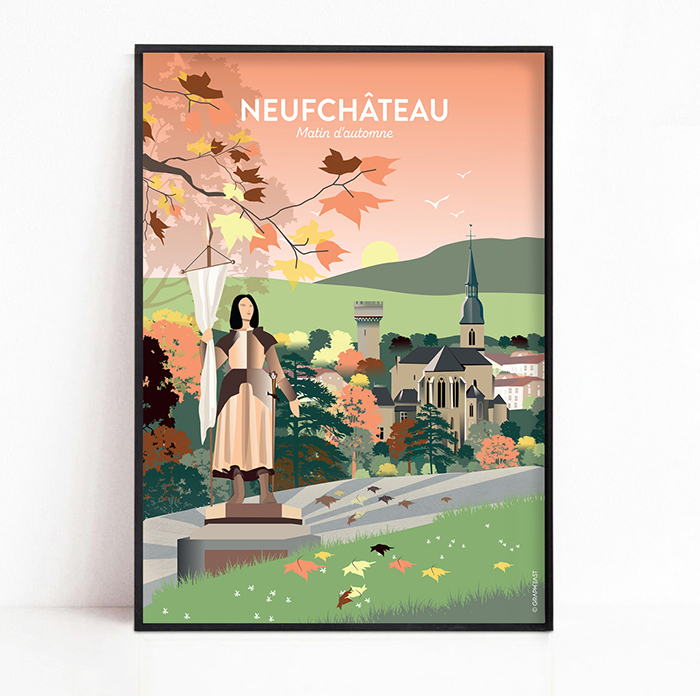 Affiche de Neufchateau, Place jeanne d'arc et ville en automne, avec l'église Saint-Nicolas GraphEast