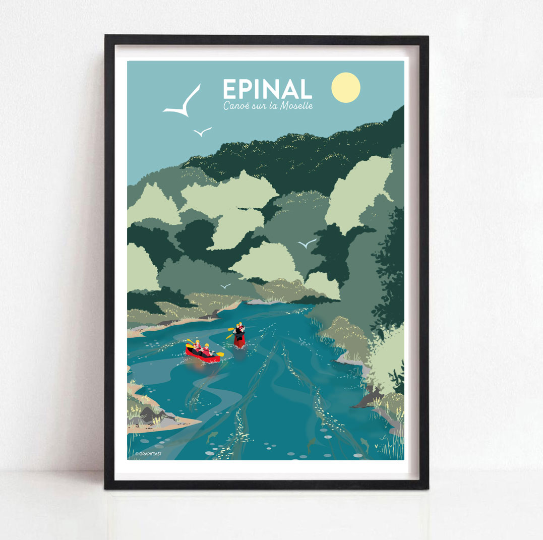 Affiche Épinal, balade en bateau sur la moselle au port d'Épinal en été GraphEast