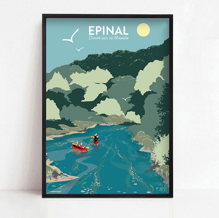 Affiche d'Épinal, descente en canoë sur la Moselle en été GraphEast