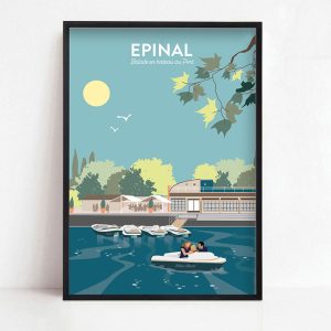 Affiche d&rsquo;Épinal, balade en bateau sur la moselle au port d&rsquo;Épinal en été